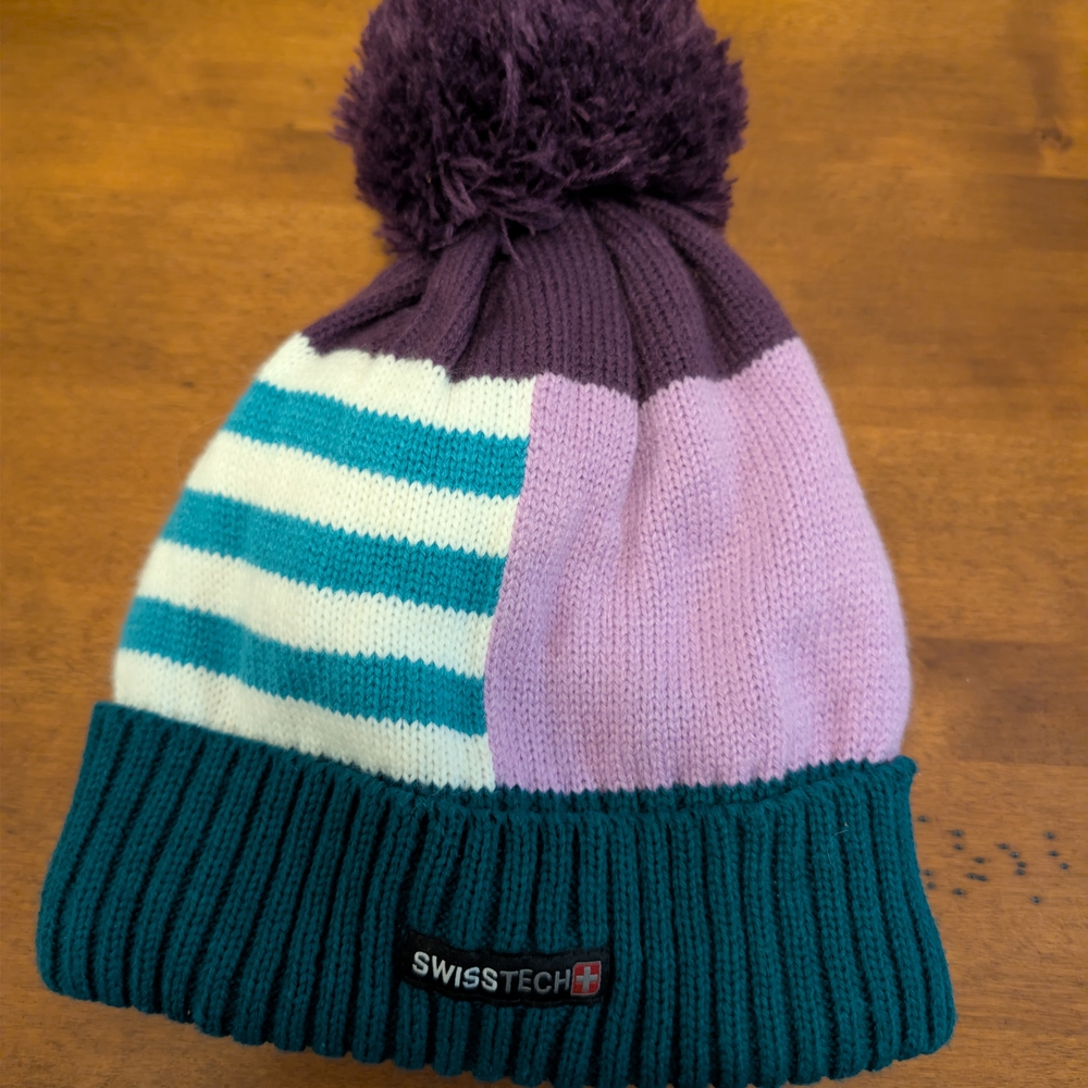 Swiss Tech Pom Pom Beanie - Teal, White, Lavender, Purple